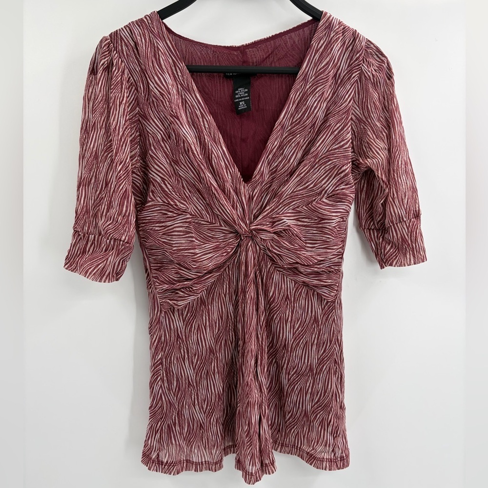 Y2K Twist Front Deep 2000s retro V Blouse Zebra Print Maroon Puff Sleeve Top xs